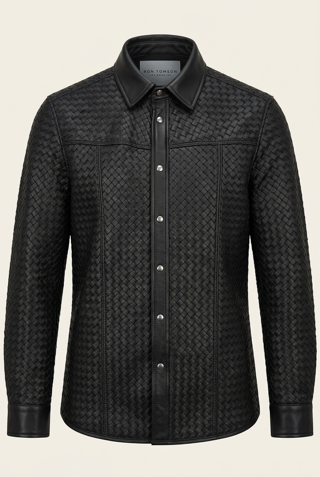Men's Woven Leather Shirt - Black - Ron Tomson