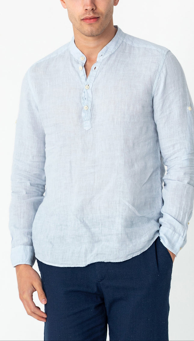 Band Collar Linen Shirt - Blue