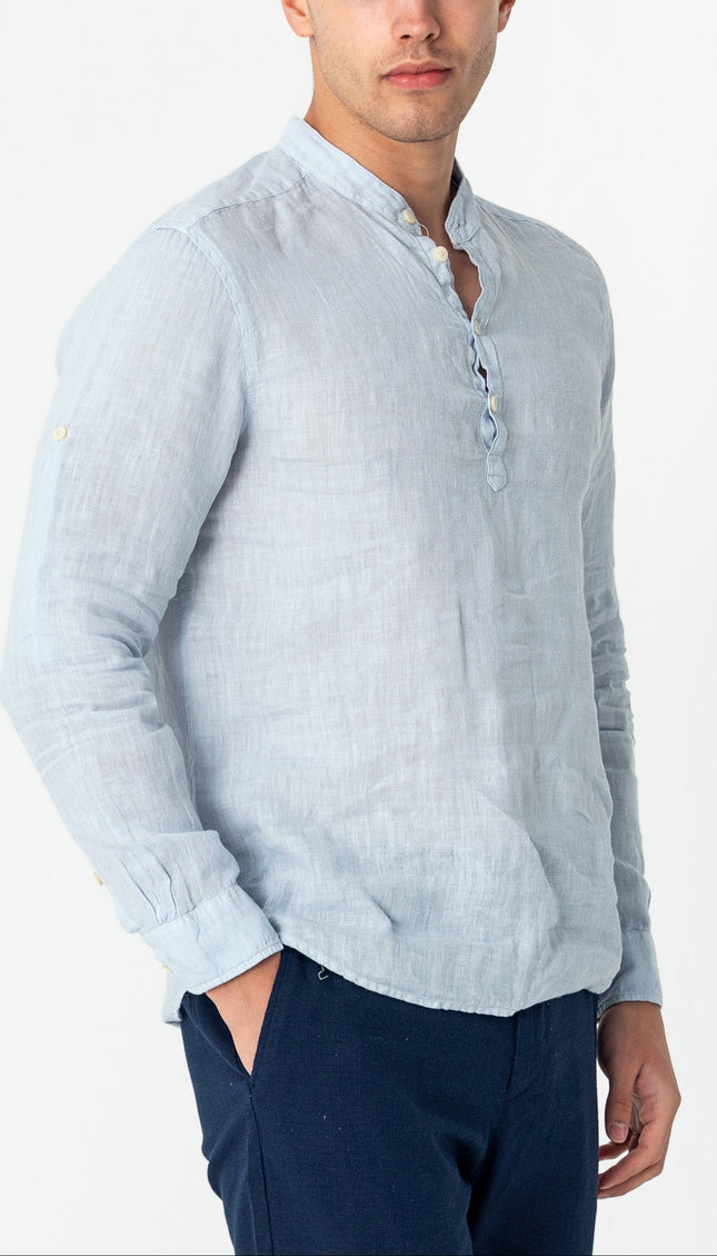 Band Collar Linen Shirt - Blue