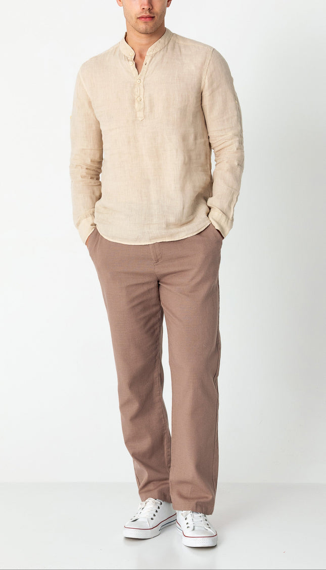 Band Collar Linen Shirt - Beige