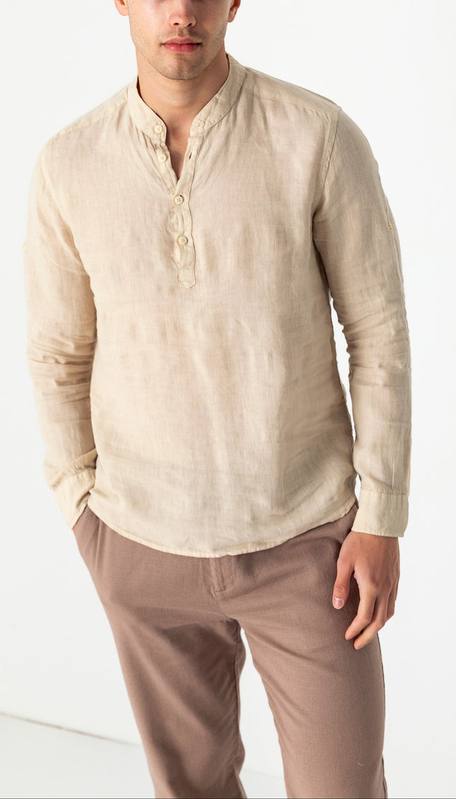 Band Collar Linen Shirt - Beige