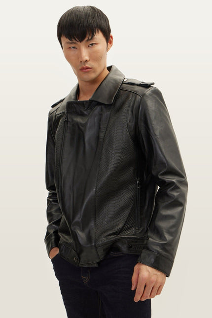 Snakeskin Embossed Leather Field Jacket - Black