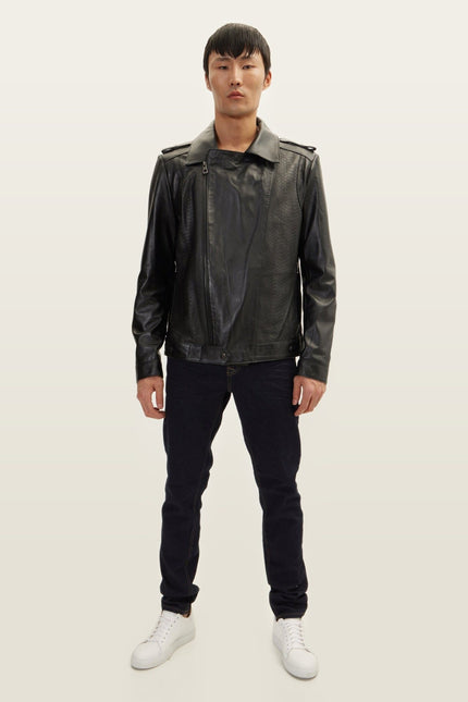 Snakeskin Embossed Leather Field Jacket - Black