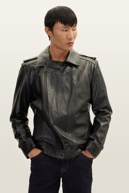 Snakeskin Embossed Leather Field Jacket - Black
