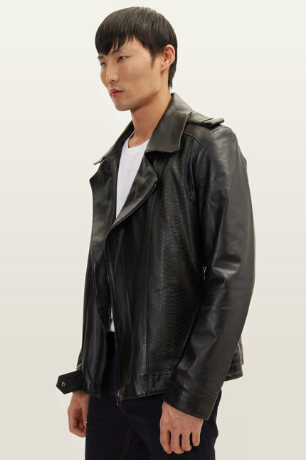 Snakeskin Embossed Leather Field Jacket - Black