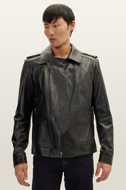 Snakeskin Embossed Leather Field Jacket - Black