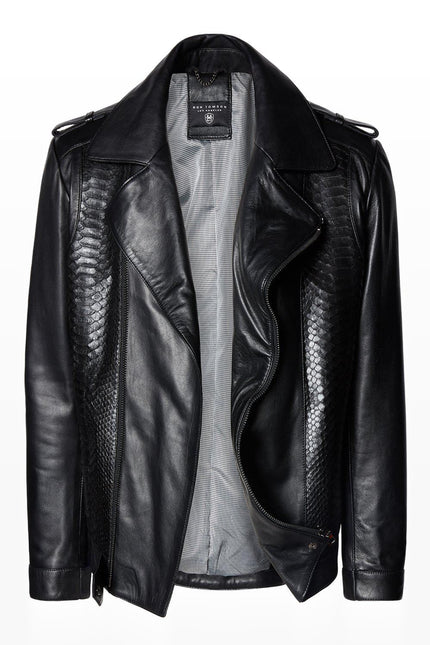 Snakeskin Embossed Leather Field Jacket - Black