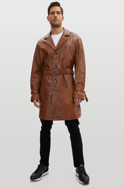 Belted Leather Trench Coat - Cognac
