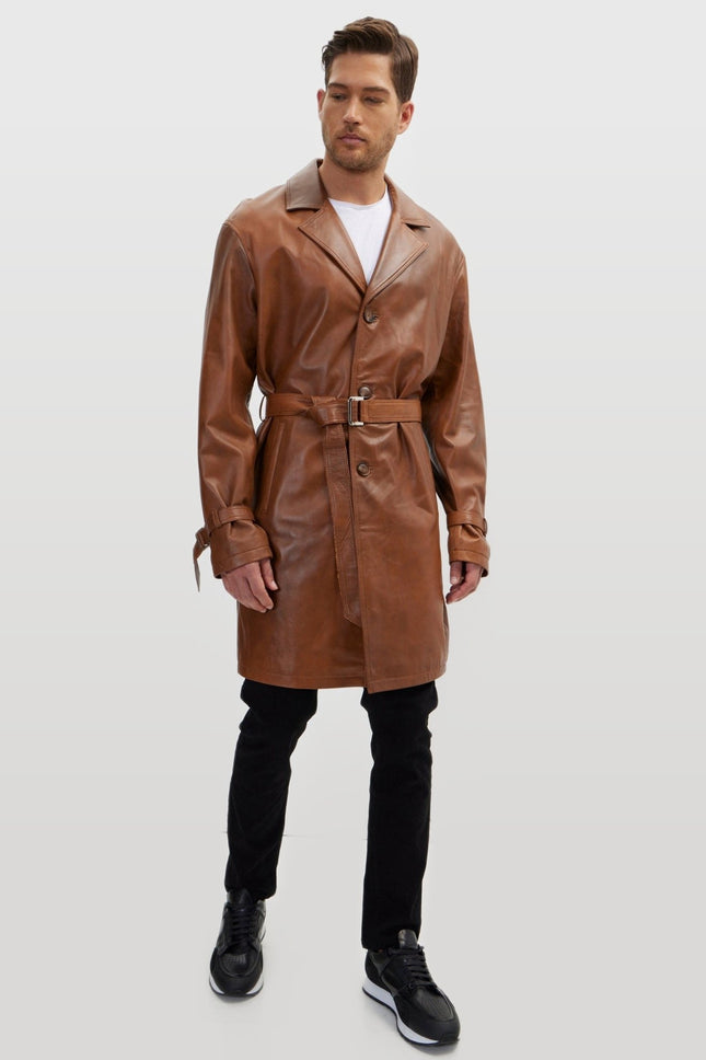 Belted Leather Trench Coat - Cognac