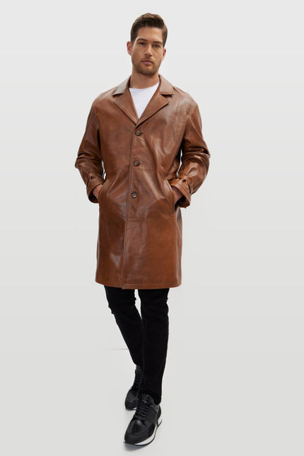 Belted Leather Trench Coat - Cognac
