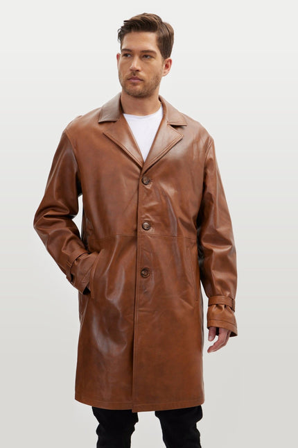 Belted Leather Trench Coat - Cognac