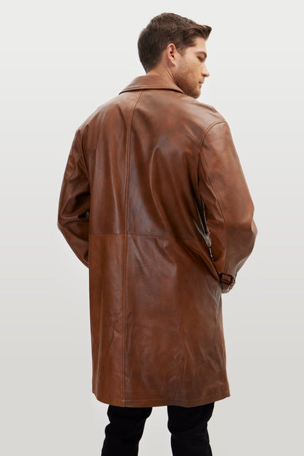 Belted Leather Trench Coat - Cognac