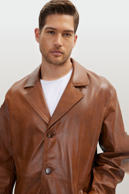 Belted Leather Trench Coat - Cognac