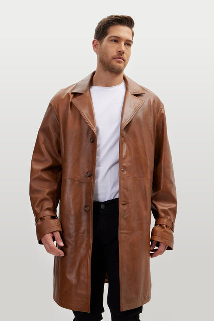 Belted Leather Trench Coat - Cognac