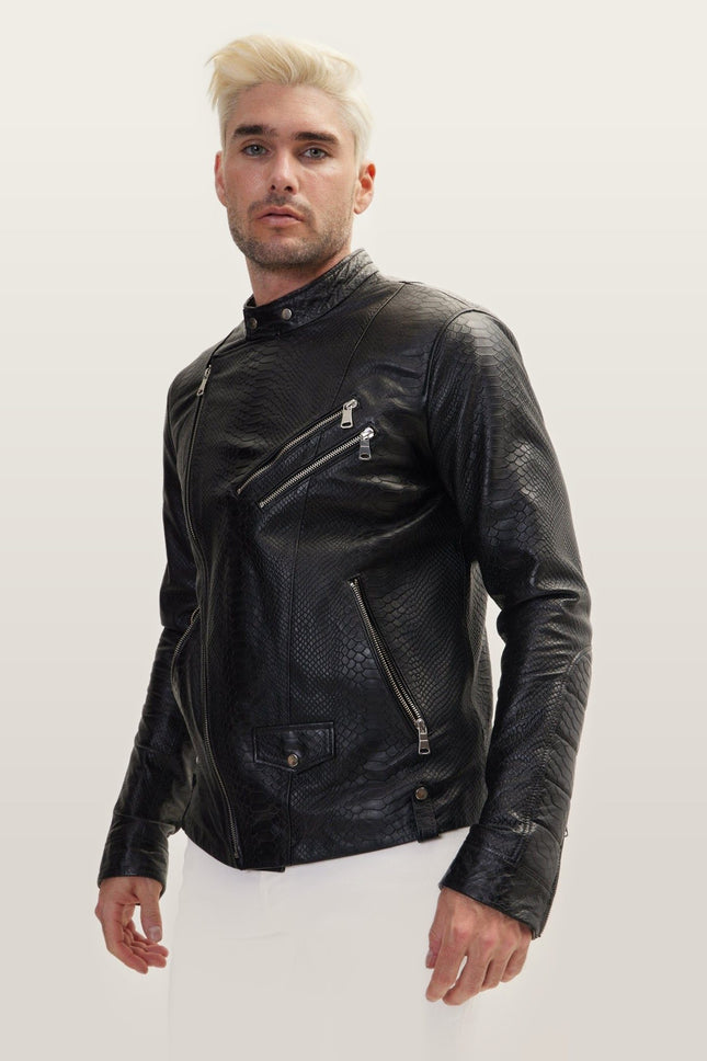 Snake Embossed Leather Cafe Racer - Black