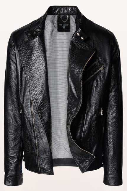 Snake Embossed Leather Cafe Racer - Black