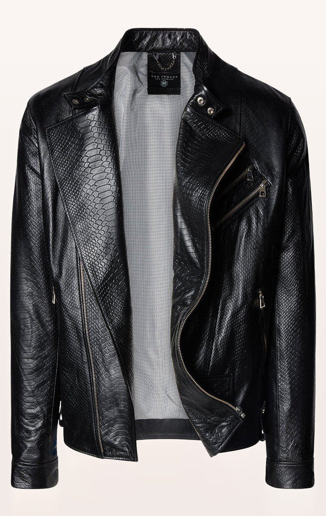 Snake Embossed Leather Cafe Racer - Black