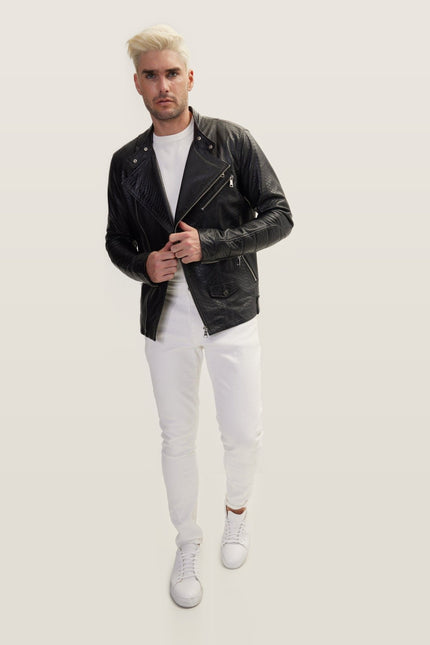 Snake Embossed Leather Cafe Racer - Black