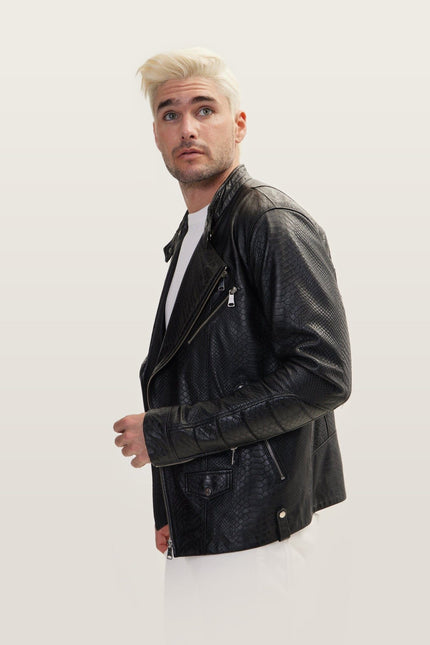 Snake Embossed Leather Cafe Racer - Black