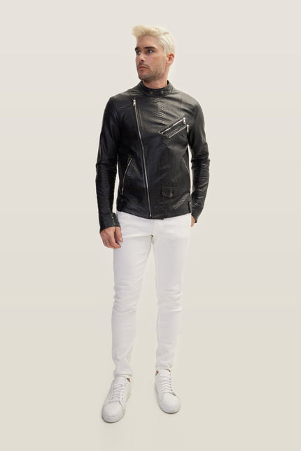 Snake Embossed Leather Cafe Racer - Black