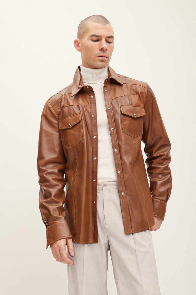 Men's Western Lambskin Leather Shirt - Brown | Ron Tomson