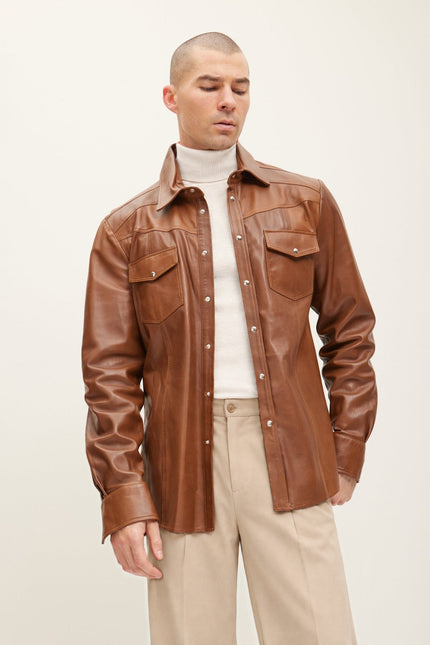 Men's Western Lambskin Leather Shirt - Brown | Ron Tomson