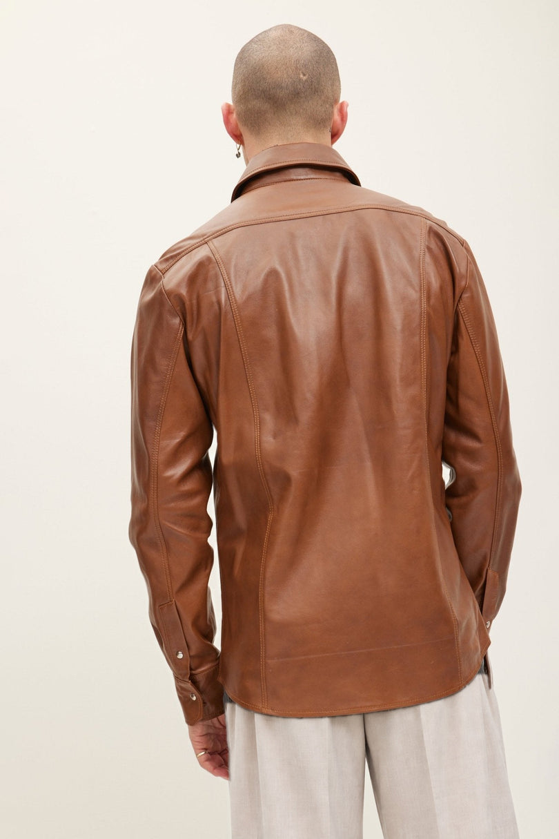 Men's Western Lambskin Leather Shirt - Brown | Ron Tomson