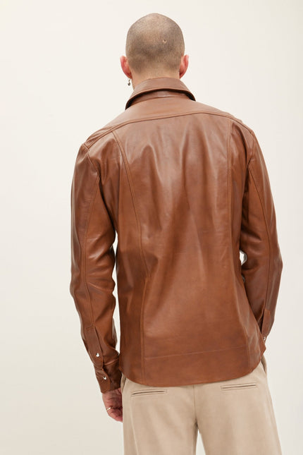 Men's Western Lambskin Leather Shirt - Brown | Ron Tomson, image 2 of 5