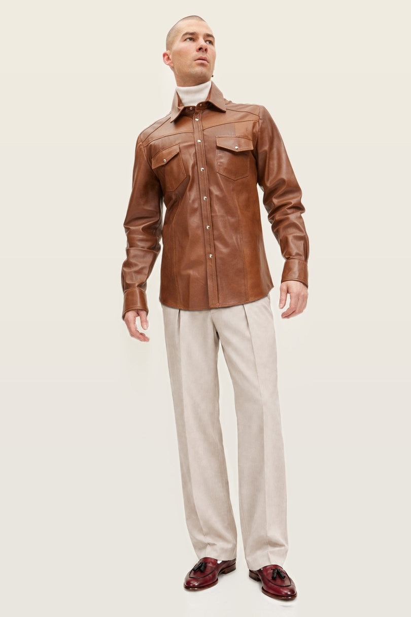 Men's Western Lambskin Leather Shirt - Brown | Ron Tomson