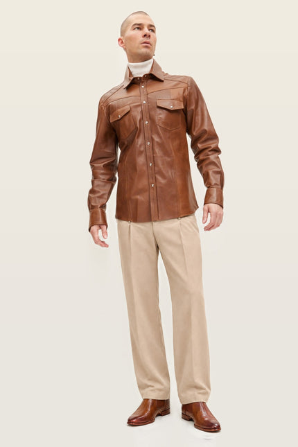Men's Western Lambskin Leather Shirt - Brown | Ron Tomson, image 3 of 5
