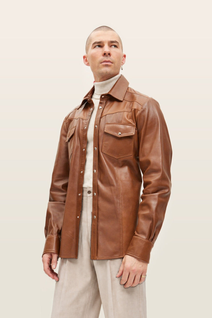 Men's Western Lambskin Leather Shirt - Brown | Ron Tomson