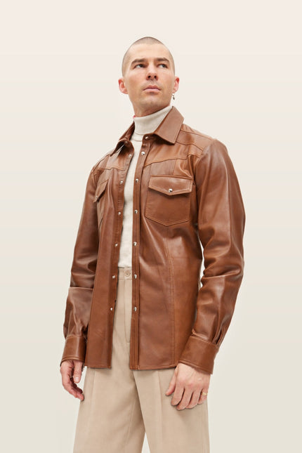 Men's Western Lambskin Leather Shirt - Brown | Ron Tomson, image 4 of 5