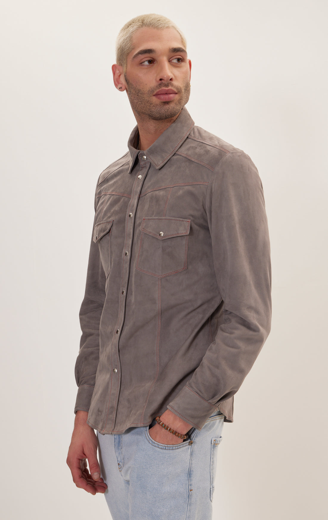 Fitted Suede Leather Shirt - Grey