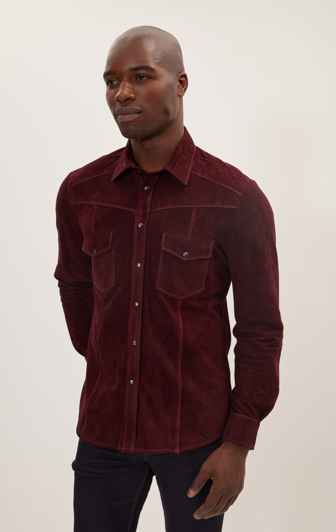 Fitted Suede Leather Shirt - Burgundy