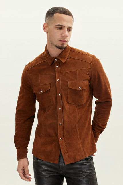 Men's Lambskin Suede Shirt - Brown | Ron Tomson