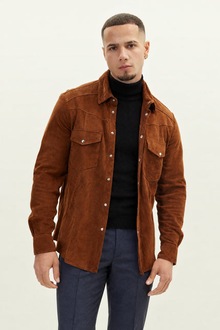Men's Lambskin Suede Shirt - Brown | Ron Tomson, image 3 of 8