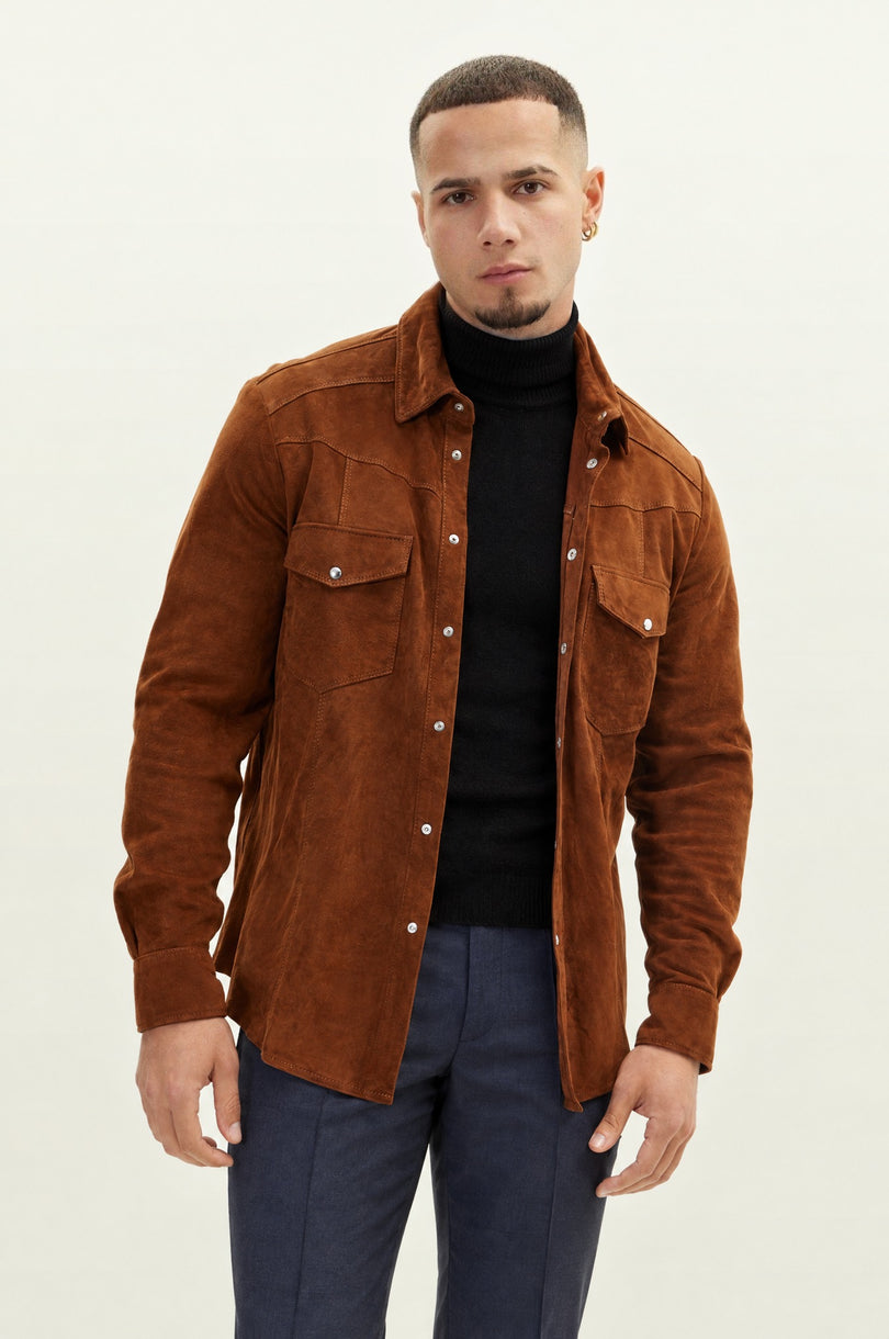 Men's Lambskin Suede Shirt - Brown | Ron Tomson