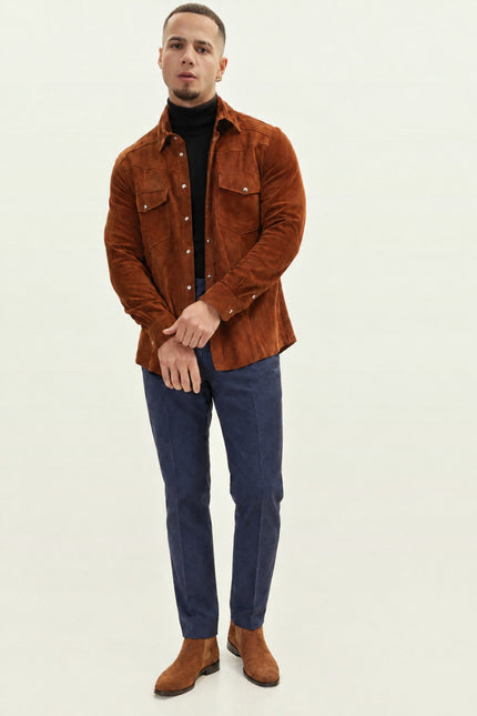 Men's Lambskin Suede Shirt - Brown | Ron Tomson, image 4 of 8