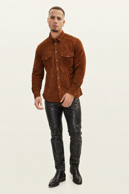 Men's Lambskin Suede Shirt - Brown | Ron Tomson, image 6 of 8