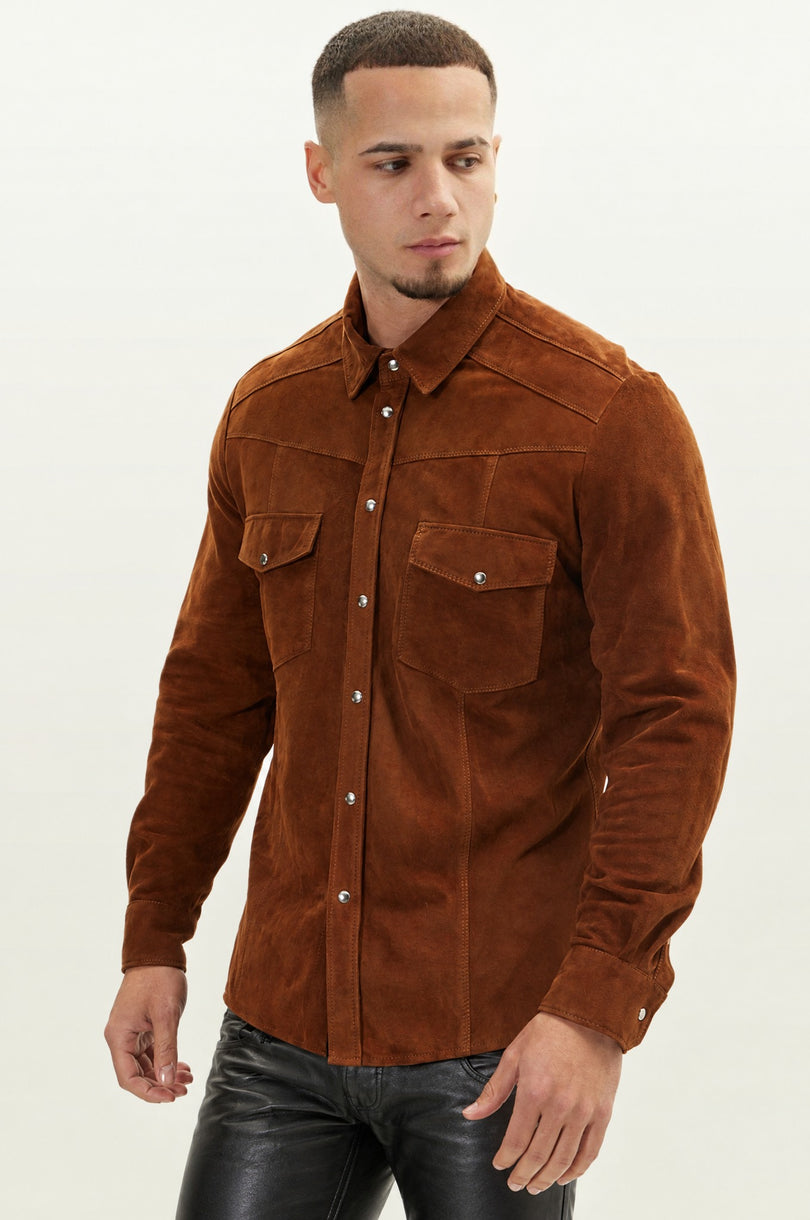 Men's Lambskin Suede Shirt - Brown | Ron Tomson