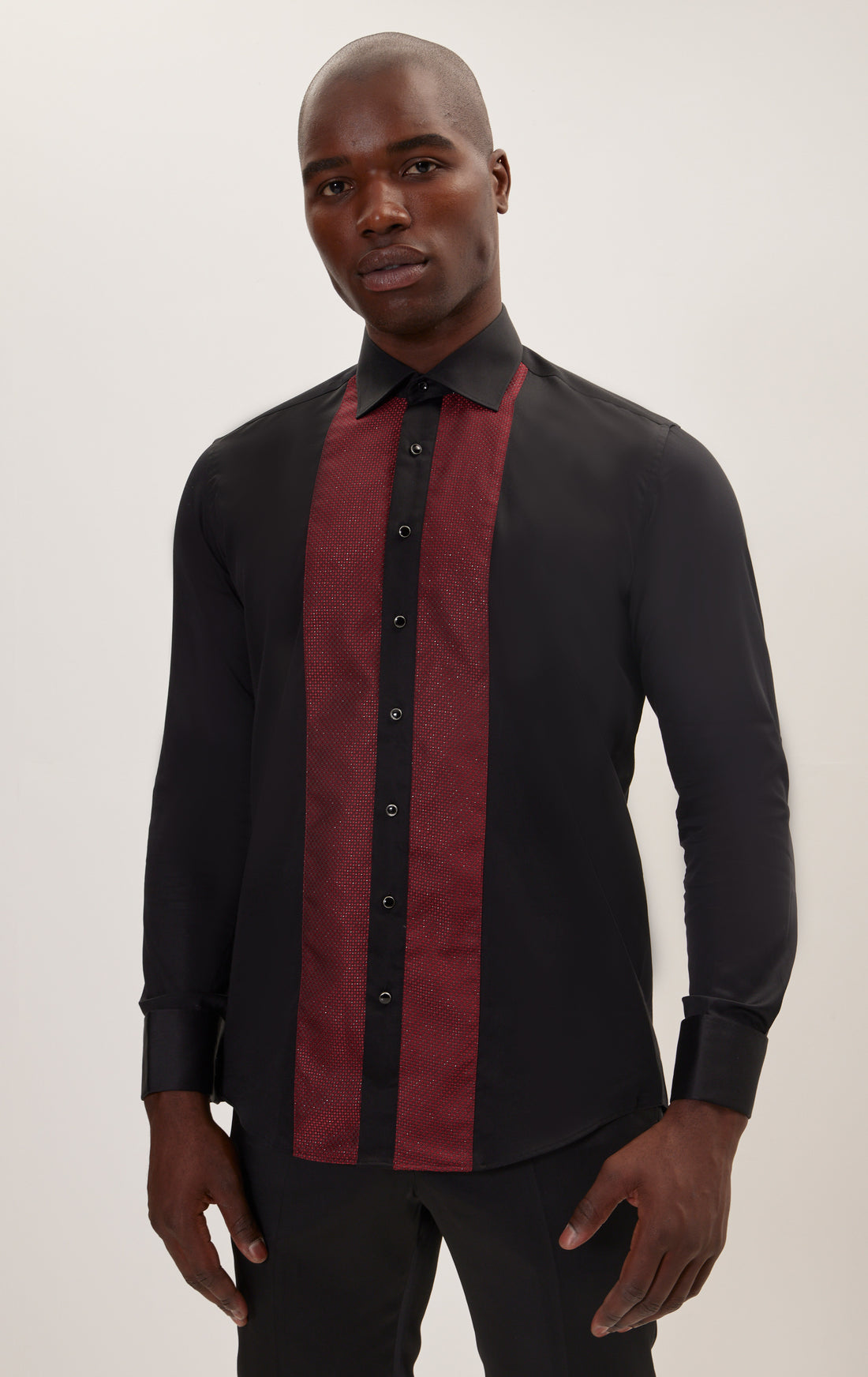 Chemise à col italien et à empiècements en lurex - Noir Rouge