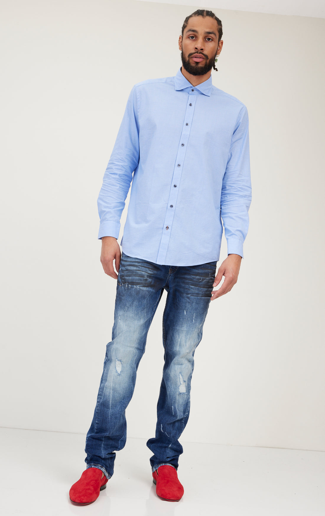 Jacquard Cotton Tonal Button Dress Shirt - Light Blue
