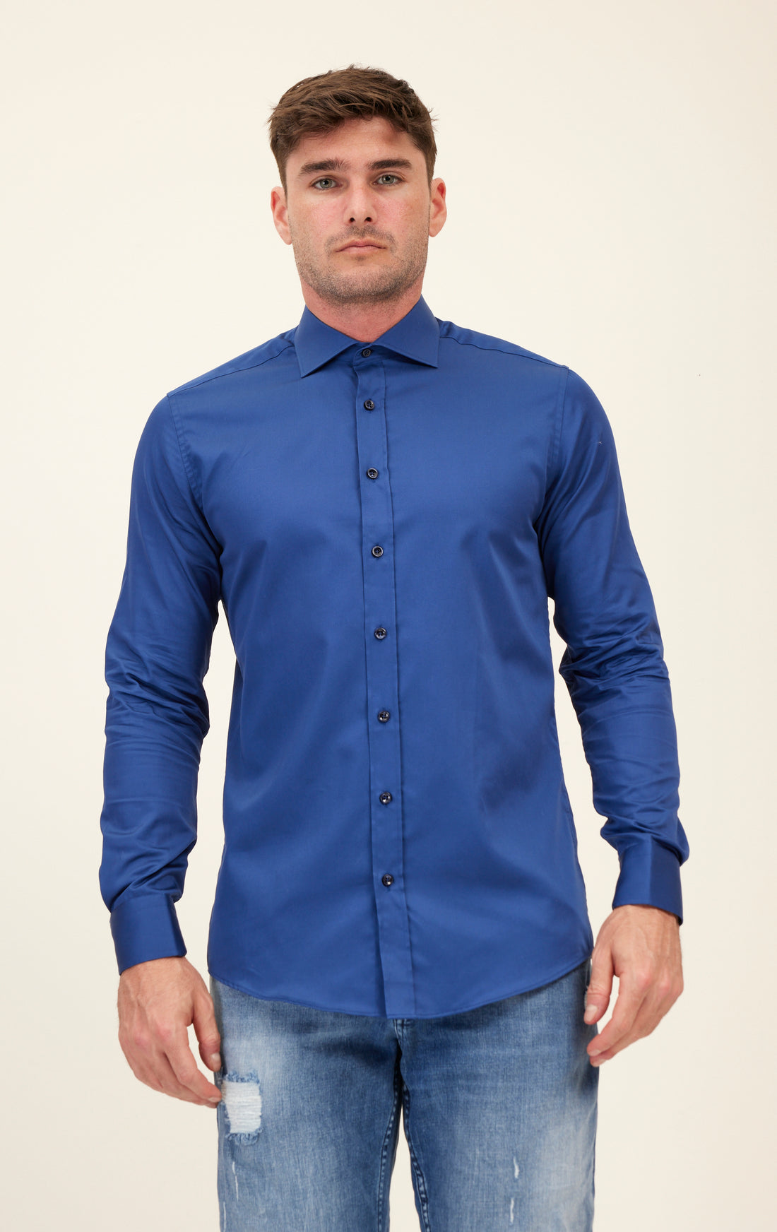 Pure Cotton Spread Collar Fitted Dress Shirt - Navy