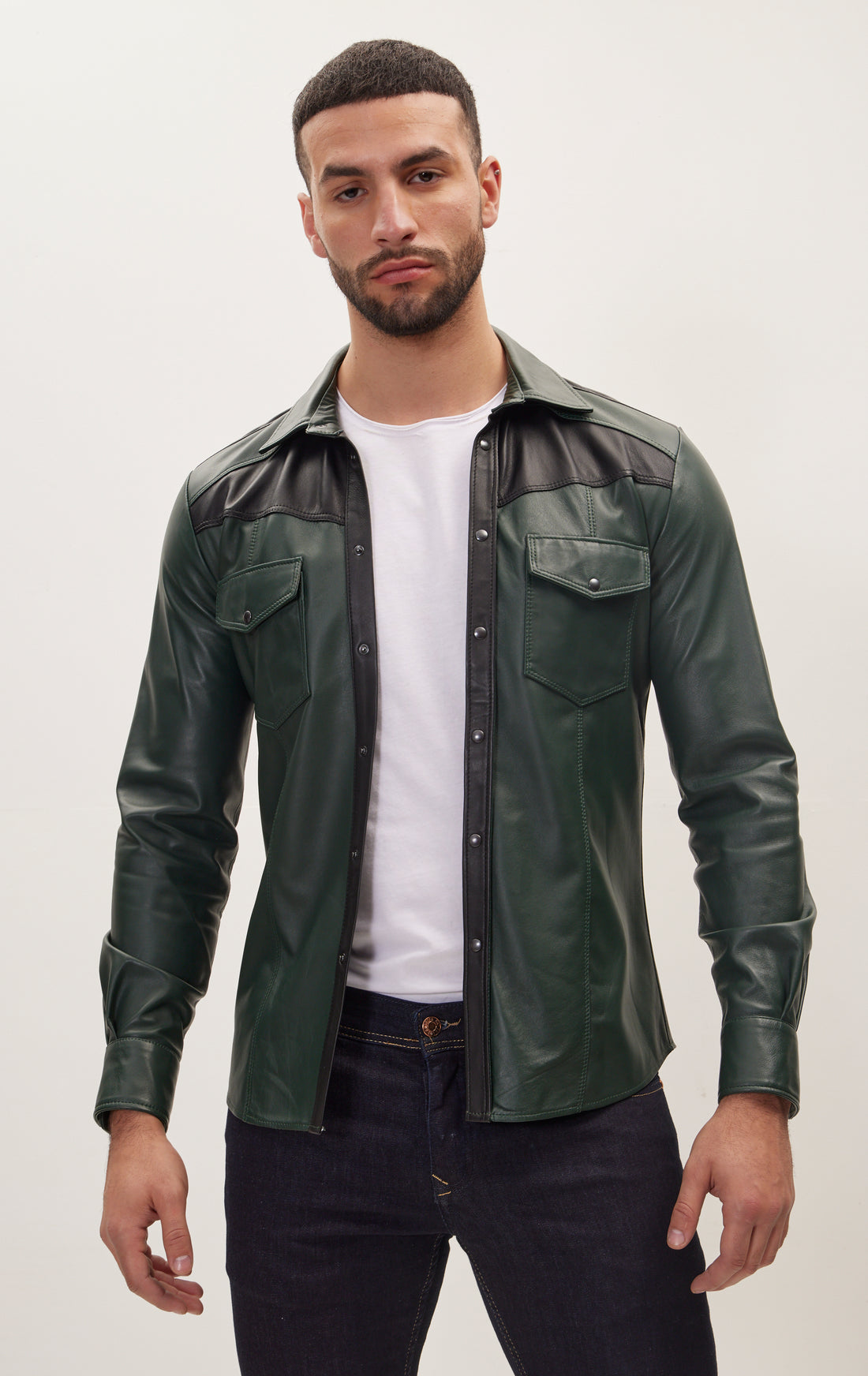 Genuine Lambskin Leather Shirt -Green Black