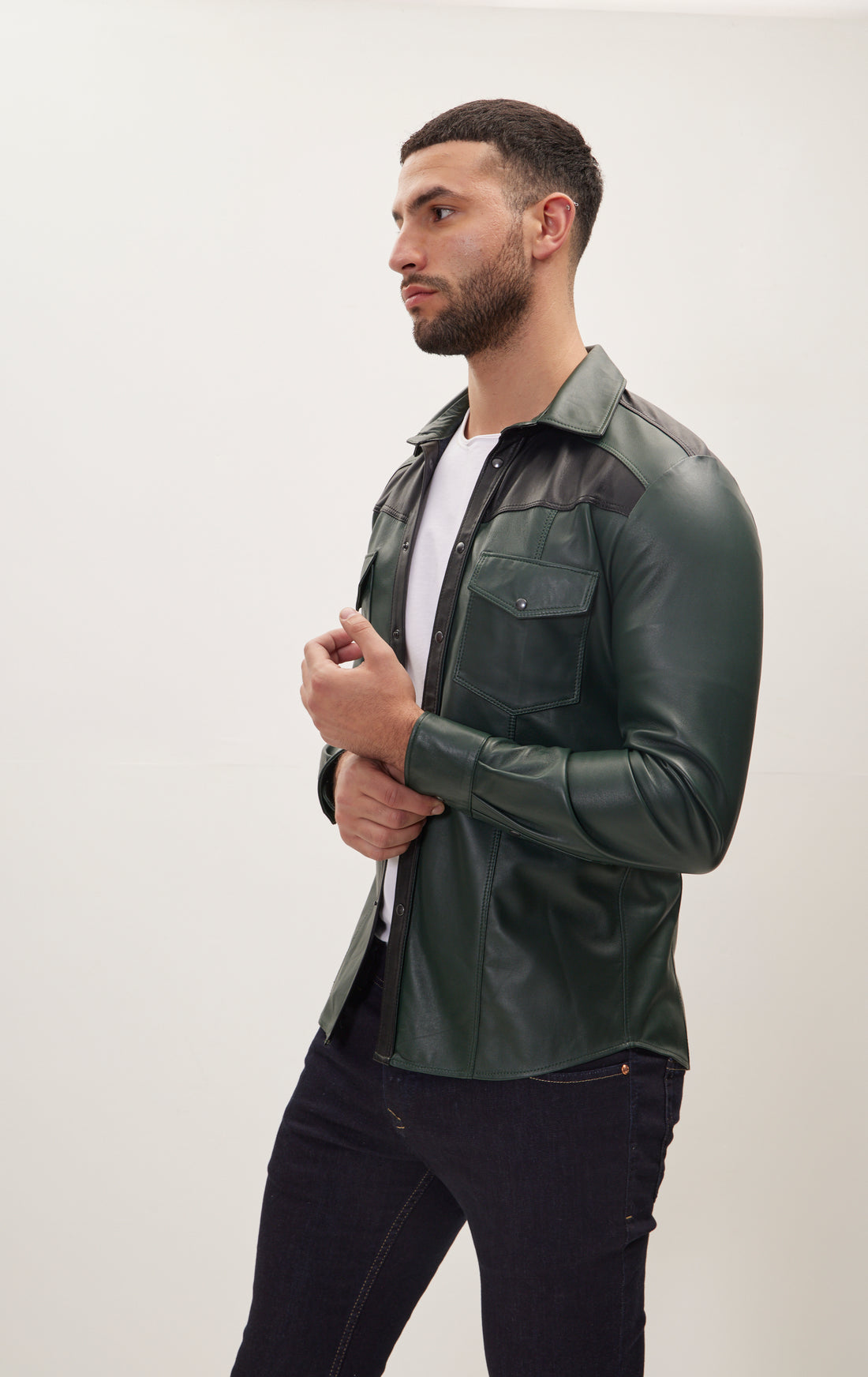 Genuine Lambskin Leather Shirt -Green Black