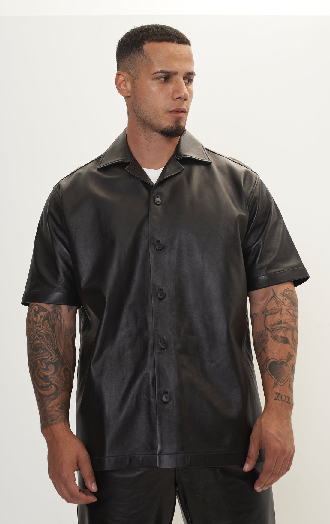 Short Sleeve Leather Shirt Jacket - Black