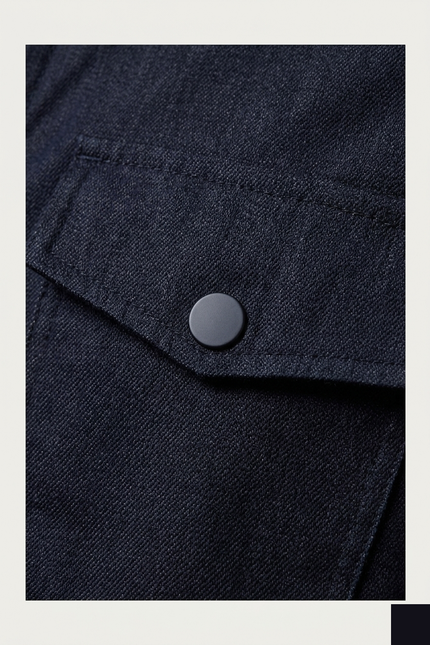 Men's Snap Button Shirt Jacket - Navy - Detail - Ron Tomson