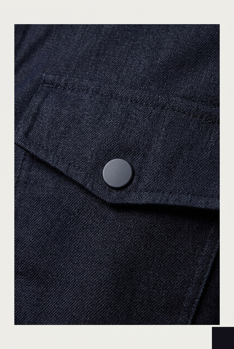 Men's Snap Button Shirt Jacket - Navy - Detail - Ron Tomson