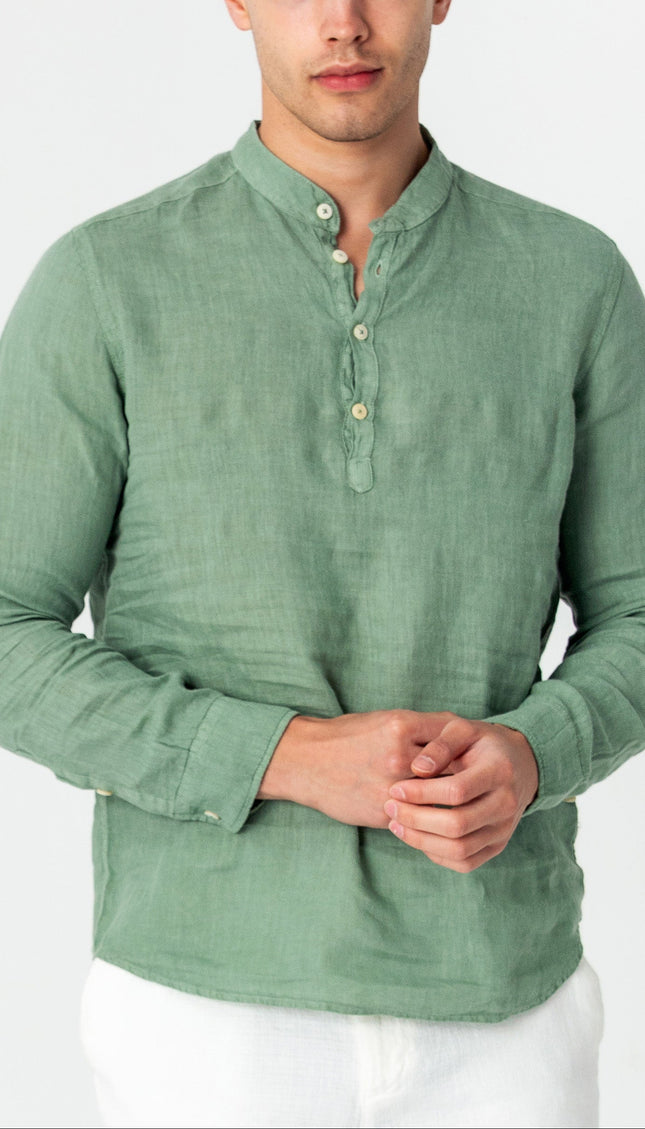 Band Collar Linen Shirt - Mint