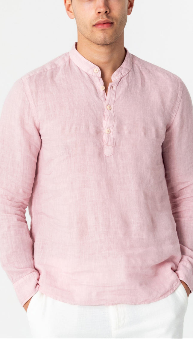 Band Collar Linen Shirt - Pink